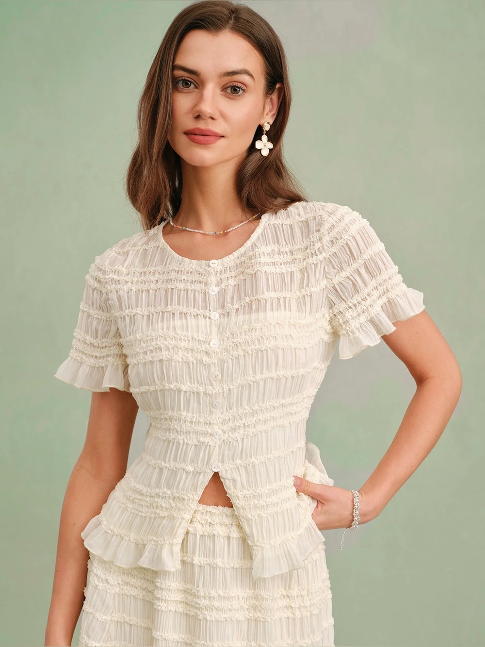 Rihoas Apricot Boat Neck Shirred Tee